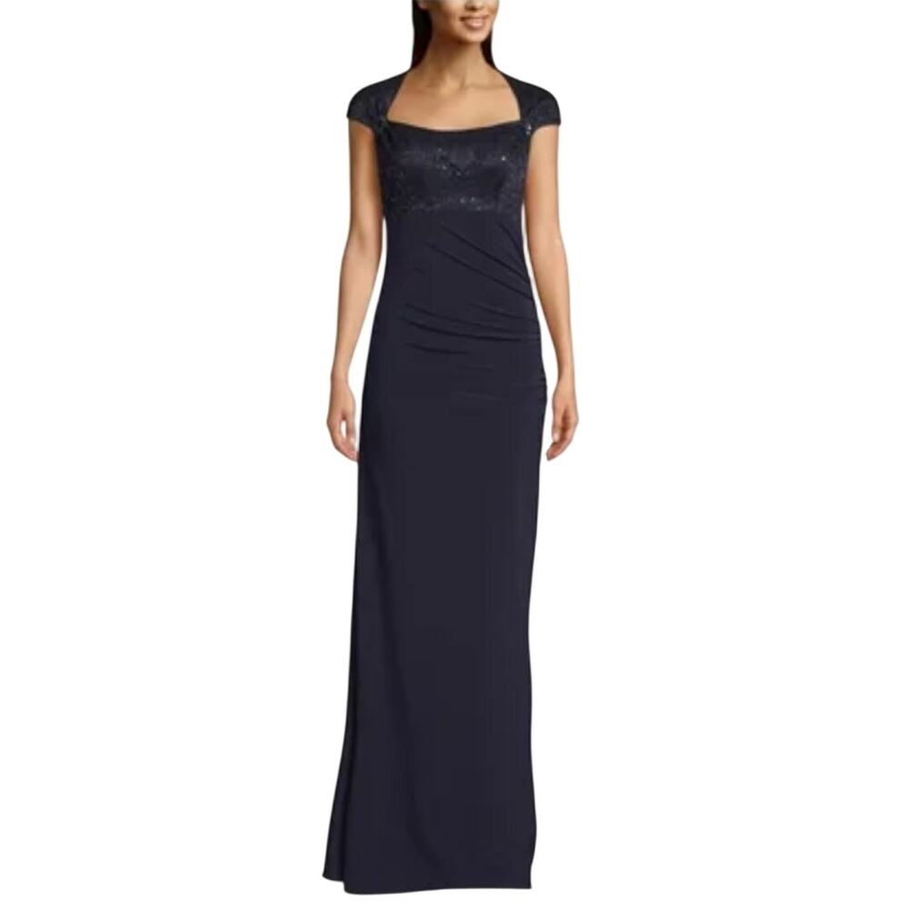 Betsy & Adam Navy Blue Evening Gown Sequined Lace and Knit Jersey Dress Size 6
